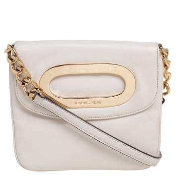 Pre Owned Michael Kors Off White Leather Cut Out Flap Shoulder Bag