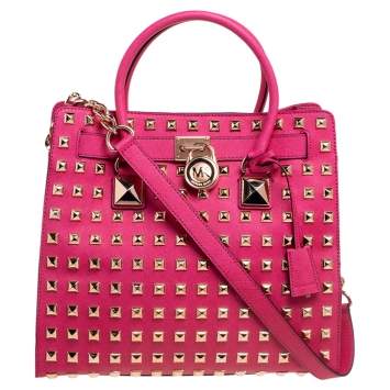 Pre Owned MICHAEL Michael Kors Fuchsia Leather Large Studded Hamilton North South Tote