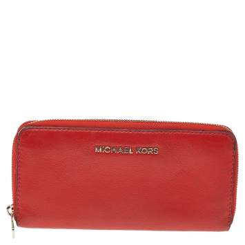 Pre Owned Michael Kors Orange Leather Bedford Zip Around Wallet
