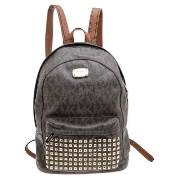 Pre Owned MICHAEL Michael Kors Brown Signature Coated Canvas And Leather Studded Jet Set Backpack