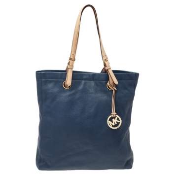 Pre Owned Michael Michael Kors Blue/Beige Leather Jet Set North South Tote