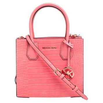 Pre Owned Michael Kors Peach Croc Embossed Leather Mercer Tote