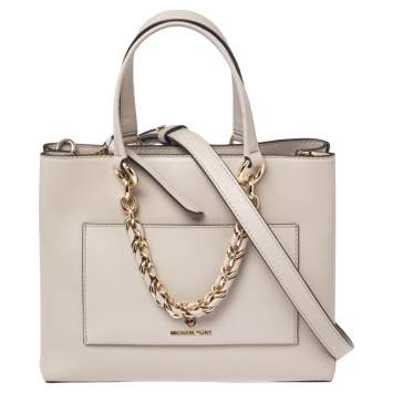 Pre Owned Michael Kors Beige Leather Small Cece Chain Tote