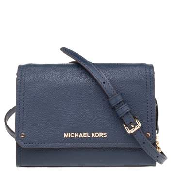Pre Owned Michael Kors Navy Blue Leather Jet Set Flap Crossbody Bag