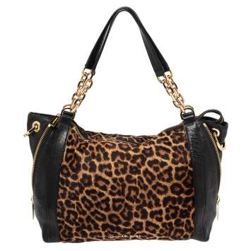 Pre Owned Michael Kors Black/Brown Leopard Print Pony Hair and Leather Tote