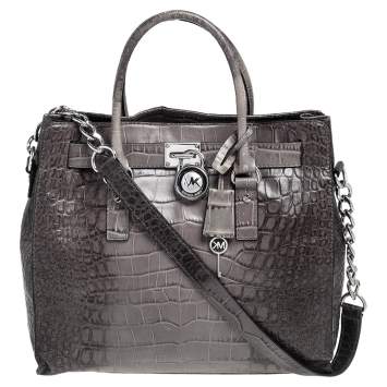 Pre Owned MICHAEL Michael Kors Black/Grey Croc Embossed Leather Large Hamilton North South Tote