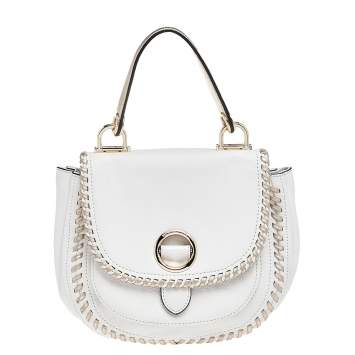 Pre Owned Michael Kors White/Gold Leather Isadore Stitch Top Handle Bag