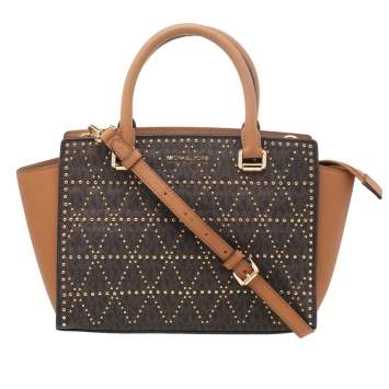 Pre Owned Michael Kors Brown Leather Pyramid Quilt Studded Selma Satchel