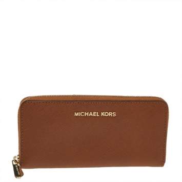 Pre Owned Michael Kors Brown Saffiano Leather Zip Around Wallet
