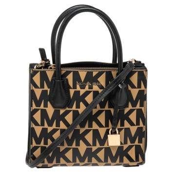 Pre Owned Michael Kors Black/Brown Signature Embossed Leather Mini Mercer Tote