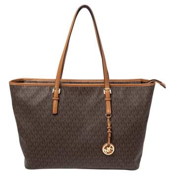 Pre Owned Michael Kors Brown Signature Coated Canvas Jet Set Tote