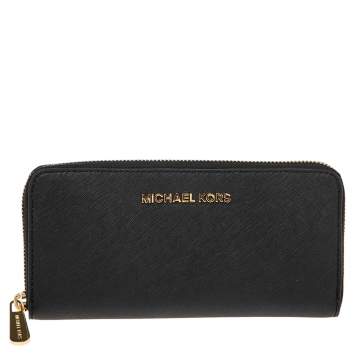 Pre Owned Michael Kors Black Saffiano Leather Zip Around Continental Wallet