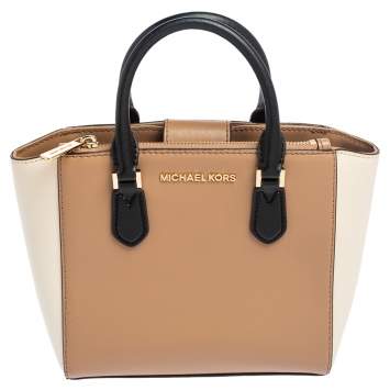 Pre Owned Michael Kors Beige/White Leather Small Carolyn Tote