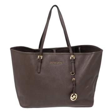 Pre Owned Michael Kors Dark Brown Leather Large Jet Set Travel Tote