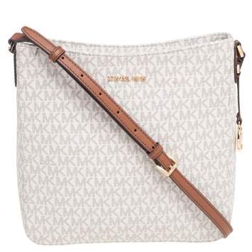 Pre Owned Michael Kors White Signature Coated Canvas Jet Set Travel Messenger Bag