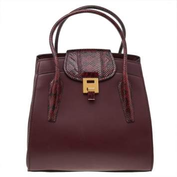 Pre Owned Michael Kors Burgundy Leather And Python Embossed Leather Bancroft Satchel