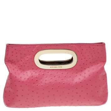 Pre Owned MICHAEL Michael Kors Pink Ostrich Embossed Leather Berkley Clutch