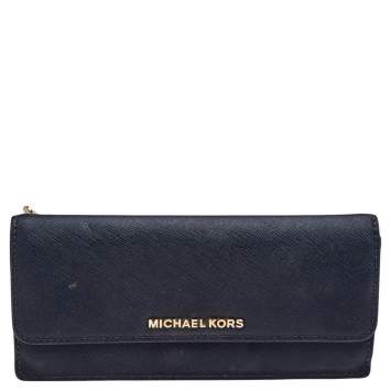 Pre Owned Michael Kors Navy Blue Saffiano Leather Jet Set Travel Flat Wallet