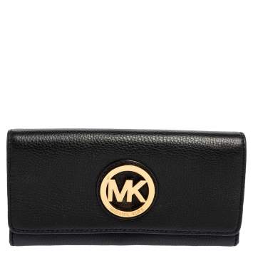 Pre Owned Michael Kors Black Grained Leather Fulton Flap Continental Wallet