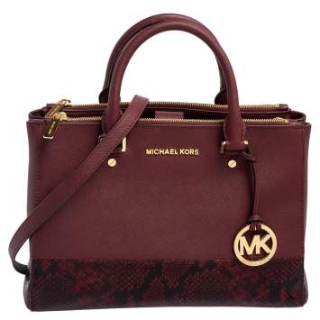 Pre Owned Michael Kors Black/Burgundy Leather and Snakeskin Embossed Leather Kellen Tote