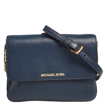 Pre Owned Michael Kors Blue Leather Jet Set Flap Crossbody Bag