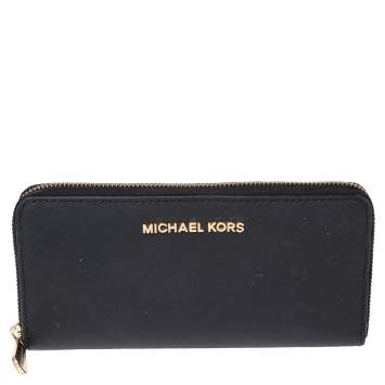 Pre Owned Michael Kors Black Leather Jet Set Zip Around Wallet