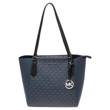 Pre Owned Michael Kors Blue Signature Canvas & Leather Kimberly Tote