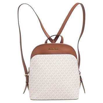 Pre Owned MICHAEL Michael Kors White/Tan Signature Canvas And Leather Emmy Backpack