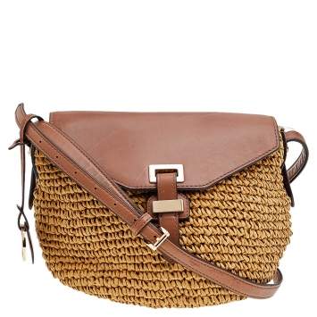 Pre Owned Michael Kors Beige/Brown Woven Straw And Leather Medium Naomi Shoulder Bag