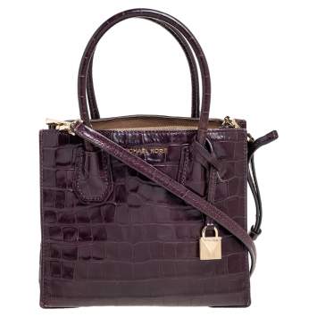 Pre Owned Michael Kors Burgundy Croc Embossed Leather Mini Mercer Tote