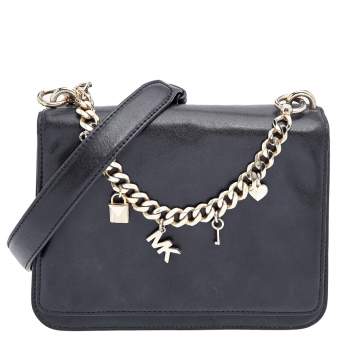 Pre Owned Michael Kors Black Leather Mott Logo Charm Swag Shoulder Bag