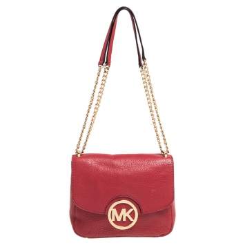 Pre Owned Micheal Kors Red Leather Fulton Flap Shoudler Bag