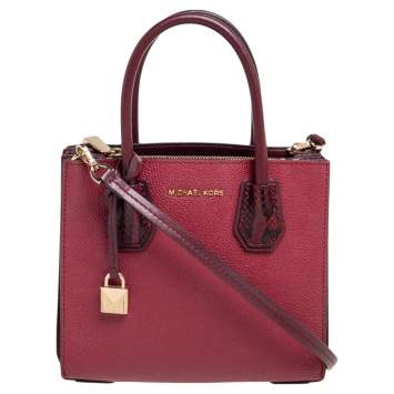 Pre Owned Michael Kors Burgundy Leather and Snakeskin Embossed Leather Small Mercer Tote