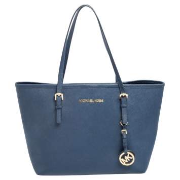 Pre Owned Michael Kors Navy Blue Leather Small Jet Set Travel Tote