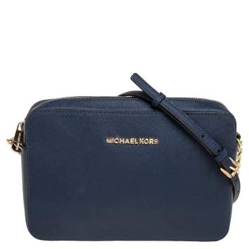 Pre Owned Michael Kors Blue Saffiano Leather Jet Set Camera Crossbody Bag