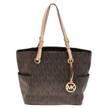 Pre Owned MICHAEL Michael Kors Dark Brown Signature Coated Canvas And Leather Jet Set Tote