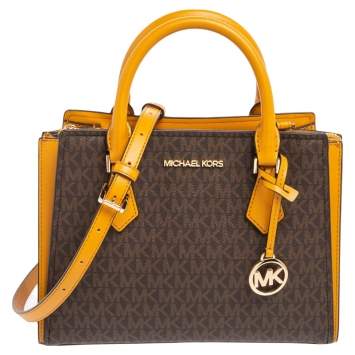 Pre Owned Michael Kors Yellow Leather And Monogram Canvas Medium Hope Satchel