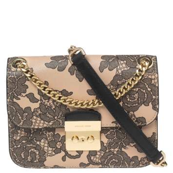 Pre Owned Michael Kors Beige Printed Leather Flap Shoulder Bag