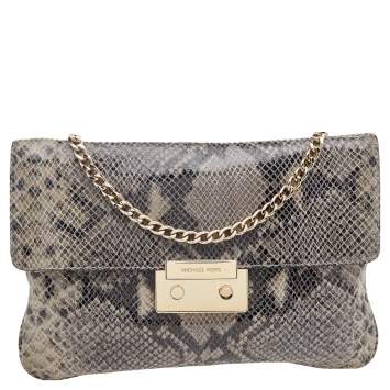 Pre Owned Michael Kors Grey Python Embossed Leather Slim Flap Chain Bag