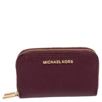 Pre Owned Michael Kors Burgundy Saffiano Leather Double Zip Around Compact Wallet