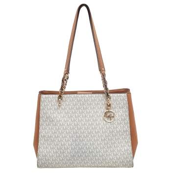 Pre Owned Michael Kors White/Brown Signature Coated Canvas and Leather Sofia Tote