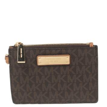 Pre Owned Michael Kors Brown Signature Coated Canvas and Leather Logo Zip Coin Purse