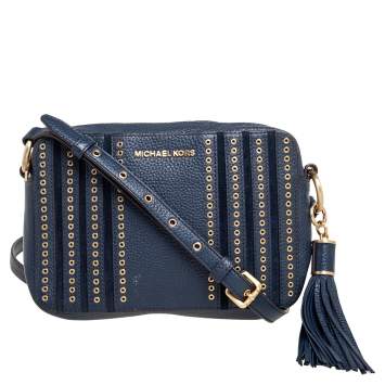 Pre Owned Michael Kors Blue Leather Jet Set Studded Shoulder Bag