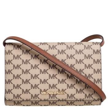 Pre Owned Michael Kors Beige/Brown Signature Coated Canvas and Leather Flap Clutch Bag 