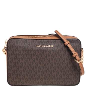 Pre Owned Michael Kors Brown Leather And Coated Canvas Ginny Monogram Shoulder Bag