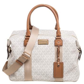 Pre Owned Michael Kors White/Brown Signature Coated Canvas And Leather Duffel Bag