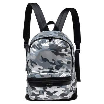 Pre Owned Michael Kors Black/Silver Camouflage Nylon and Leather Kent Backpack
