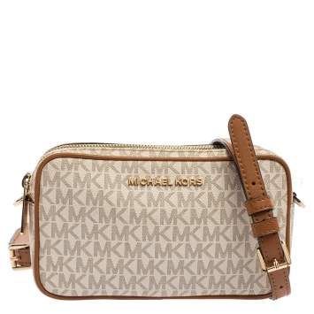 Pre Owned Michael Kors White/Brown Leather And Signature Coated Canvas Jet Set Shoulder Bag