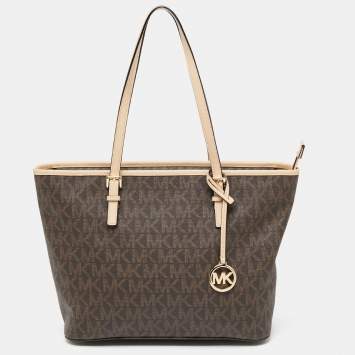 Pre Owned Michael Kors Beige/Brown Signature Coated Canvas and Leather Medium Jet Set Tote