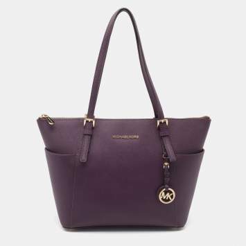 Pre Owned Michael Kors Dark Purple Saffiano Leather Travel Jet Set Tote